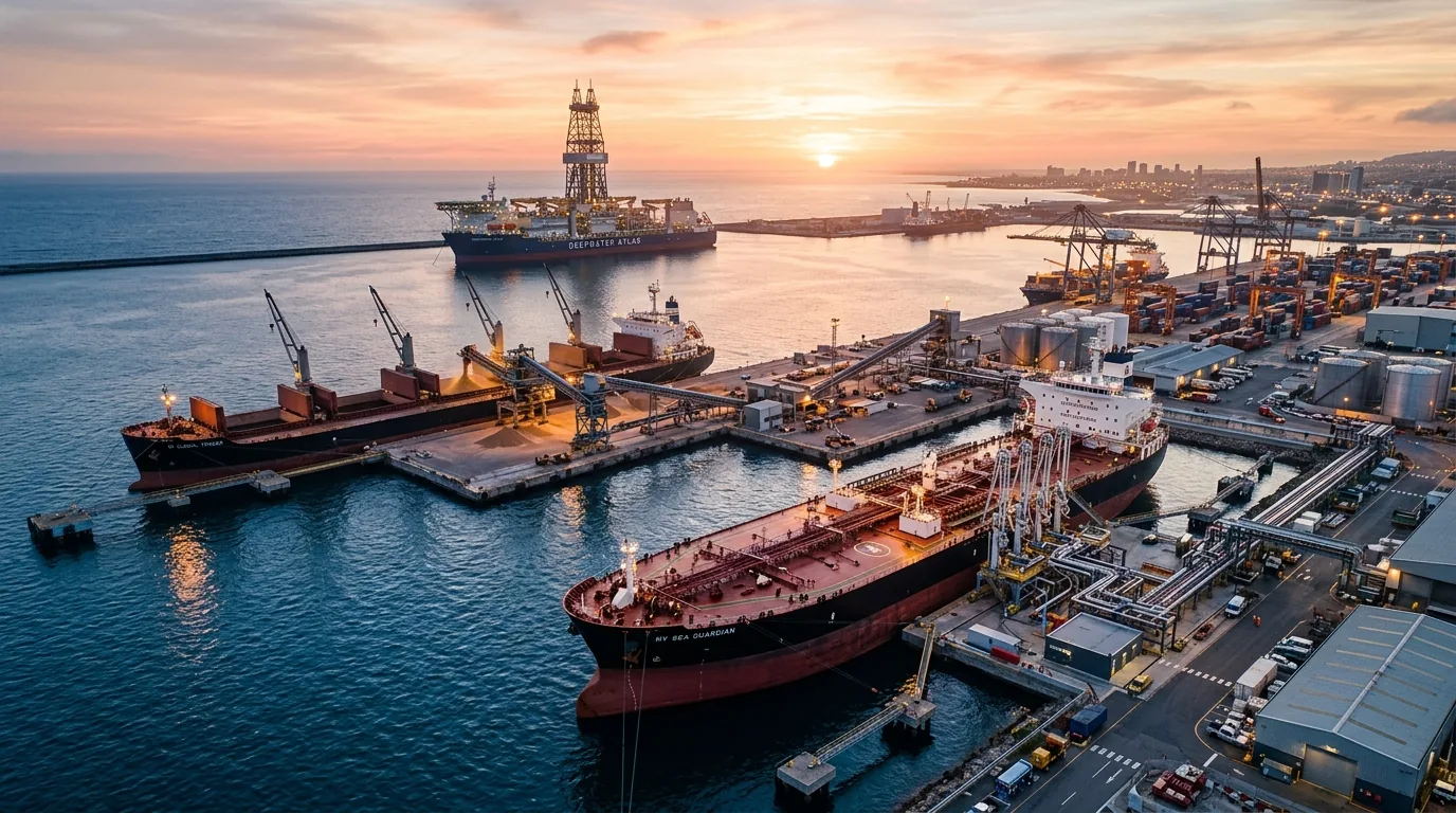 Commercial oil terminal hub at dusk
